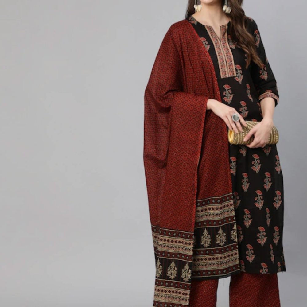 Women Black Ethnic Motifs Printed Pure Cotton Kurta with Palazzos & With Dupatta